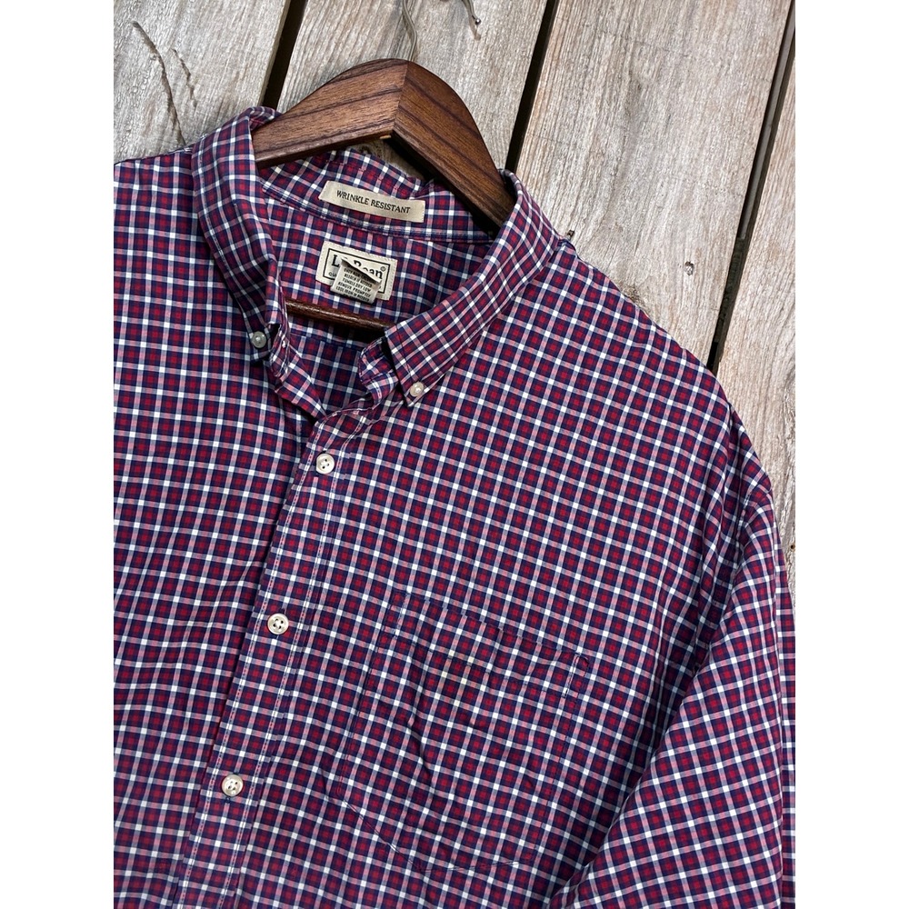 LL Bean Mens XXL Short Sleeve Wrinkle Resistant Cotton Plaid Shirt Red Blue